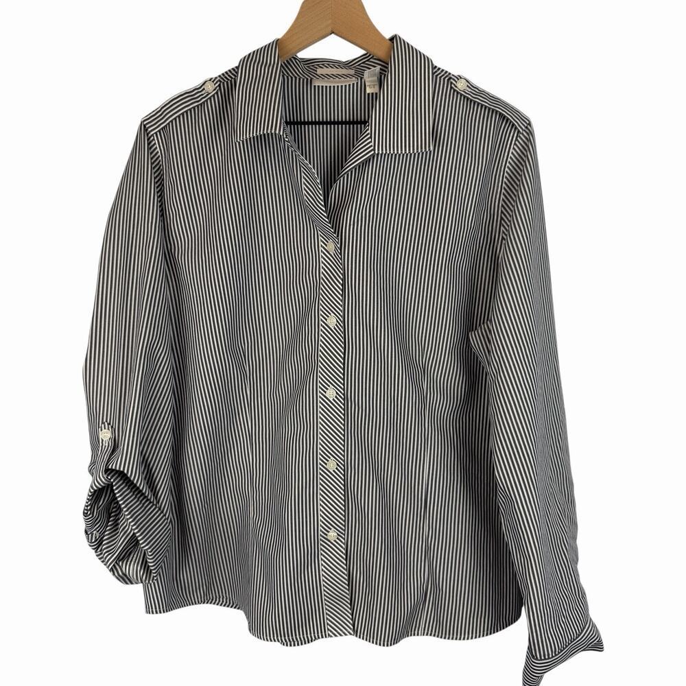 CHICO'S No Iron Striped Blouse Womens Black White Size 3/16/XL Button Up Cotton